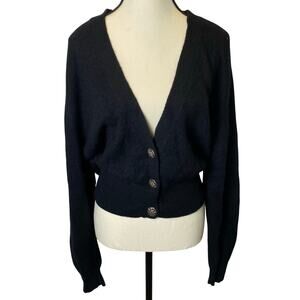 Vintage Yarnworks V-Neck Cropped Cardigan Sweater Large Black Lambswool Angora‎